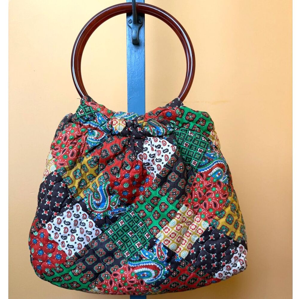 Vintage 70s Quilted Patchwork Handbag Paisely Floral Lucite Ring Handle Purse